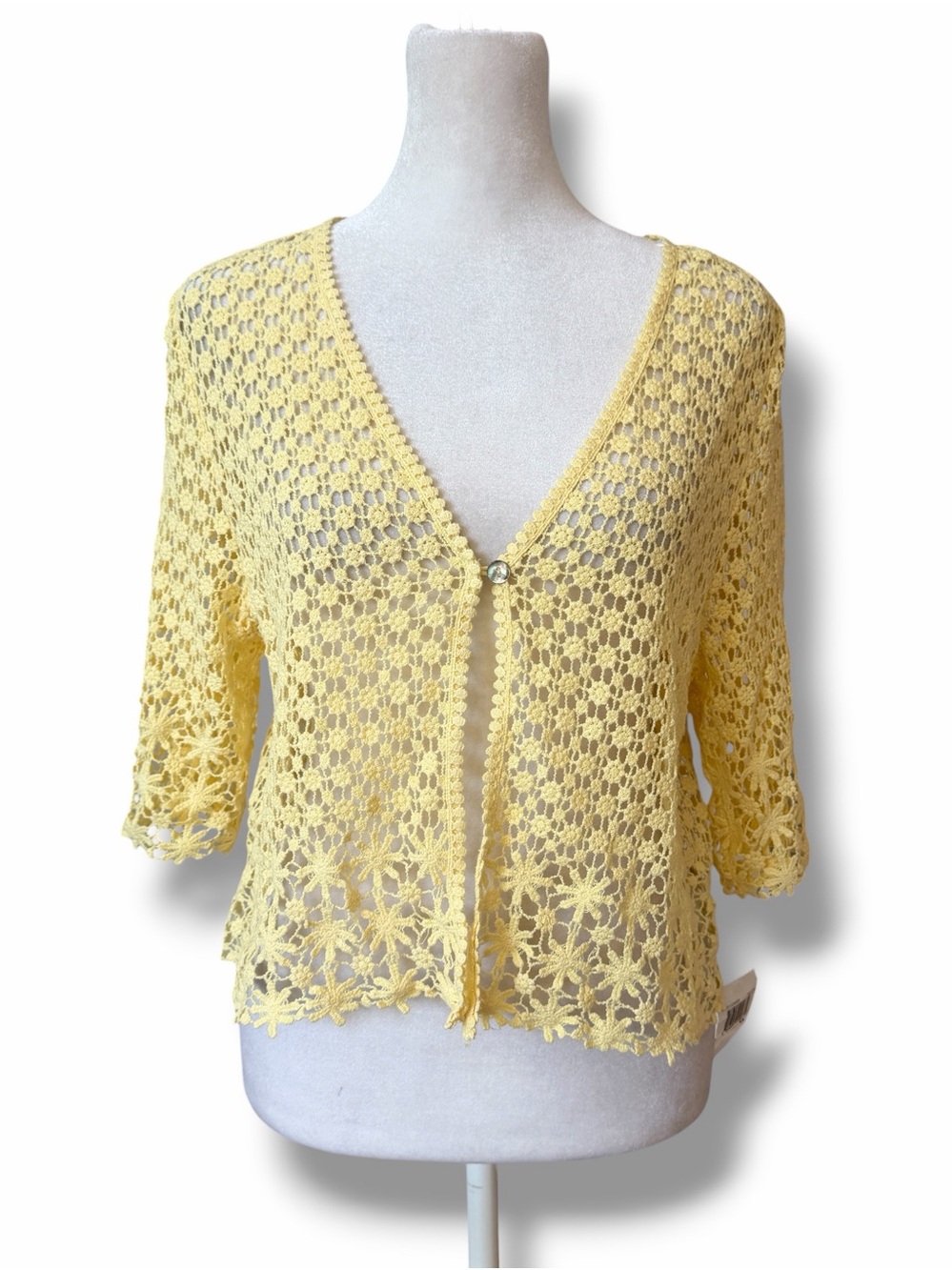 Rabbit Rabbit Rabbit Designs Yellow Floral Lace Single Button Crocheted Cardigan - Picture 2 of 16